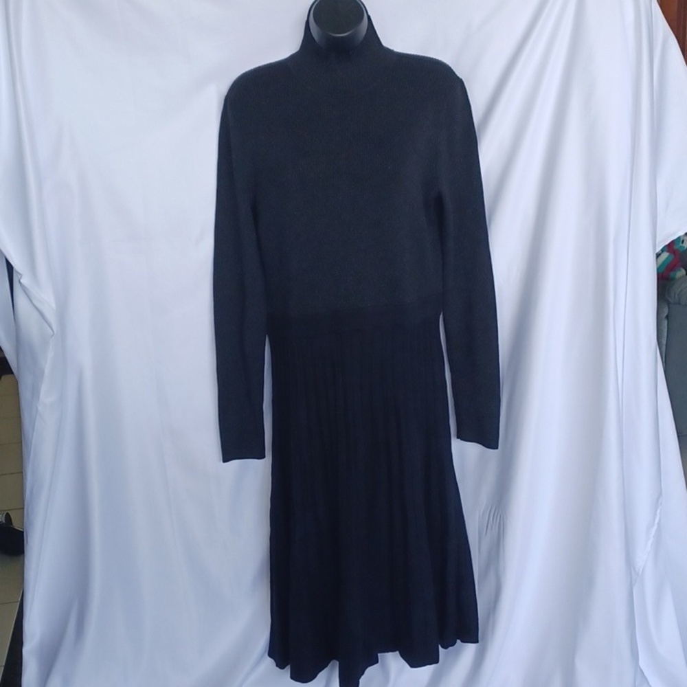 Nine West Dress Size Large Black MetallicFlare Pleated Midi Sweater Women Dress